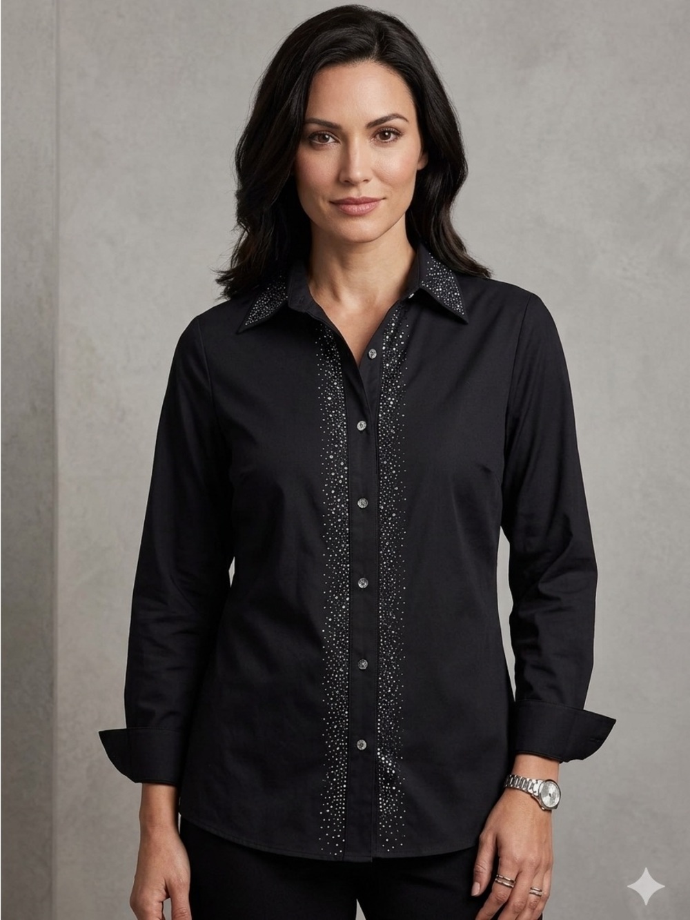 Christine Alexander Black Rhinestone Embellished Button Down Shirt Blouse